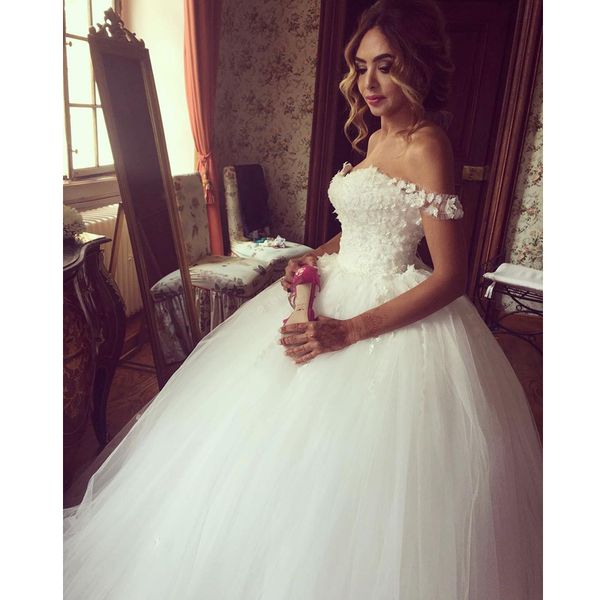 

2020 lace ball gown wedding dresses sweetheart off shoulder vestido de noiva 3d-floral appliques bridal gowns, White
