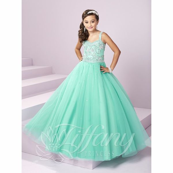 

Beautiful mint green girl pageant dre e 2018 pearl parkly cry tal lace up for tulle children flower girl ball gown