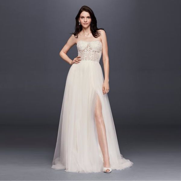 

new strapless wedding dress with tulle slit skirt sheer bodice appliques beaded bridal dresses vestido de noiva swg764, White