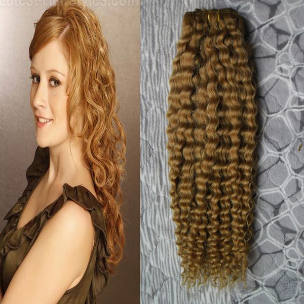 #27 Erdbeerblond, verworrene lockige Clip-in-Haarverlängerungen, 100 g, 7 Stück, Clip-in-natürliche, lockige brasilianische Haarverlängerungen