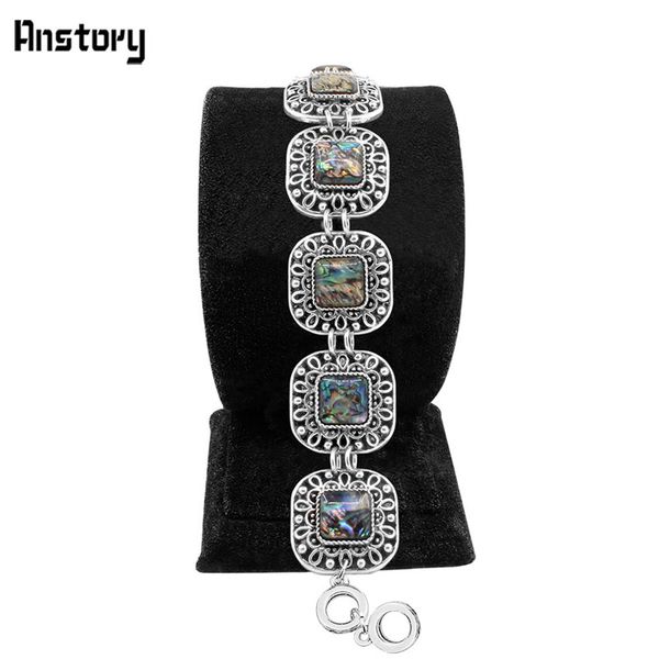 

wholesale- anstory square hollow flower shell bracelet vintage look tibet alloy antique silver plated jewelry for woman tb270, White