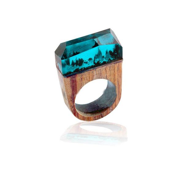 Trendy Beliebte Harz Holz Holz Rose Blooming Secret Forest Miniatur Welten Im Inneren Ring Für Frauen Finger Schmuck