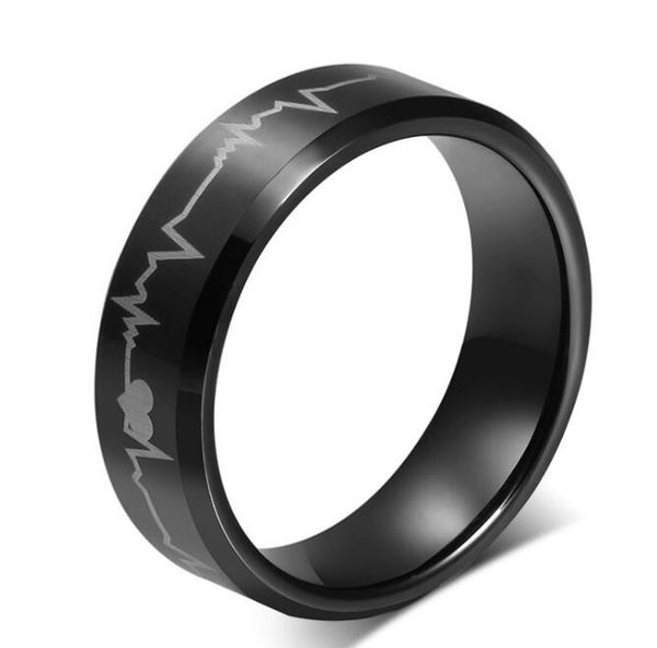 

heart beating black tungsten ring wholesales bevel edges 8mm, Silver