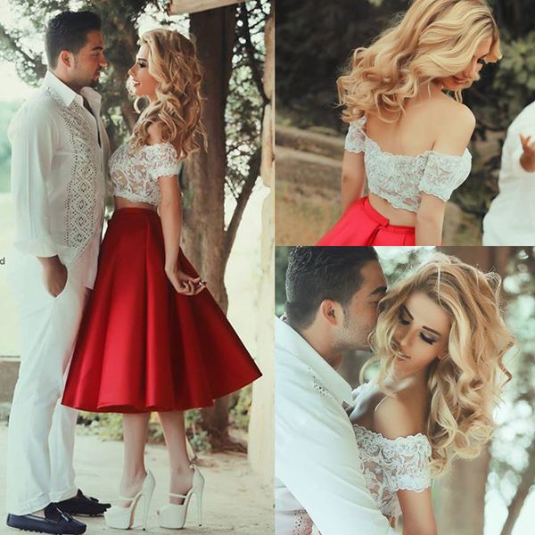 

two pieces lace homecoming dress white and red off the shoulder graduation dresses said mhamad dresses tea length prom gowns, Black