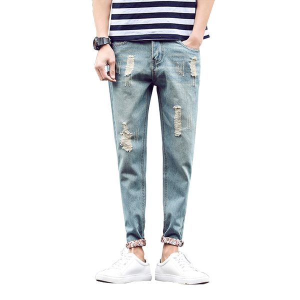 

wholesale- men jeans pant slim fit ankle-length jeans summer pencil pants fashion hole solid mens denim trousers vaqueros hombre size 28-36, Blue