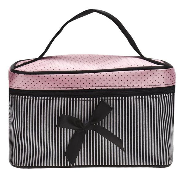 

wholesale- cosmetic bag bowknot stripe dot printing panelled color satin makeup box girl large capacity storage bag estuche maquillaje#61
