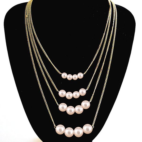 

wholesale-multi layer simulated pearl statement necklace summer style necklaces & pendants women link chain cloar jewelry for gift party, Silver