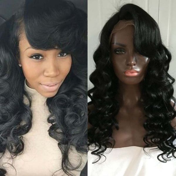

new fashion brazilian human hair glueless lace front wigs full lace human hair wig with bangs for sale, Black;brown