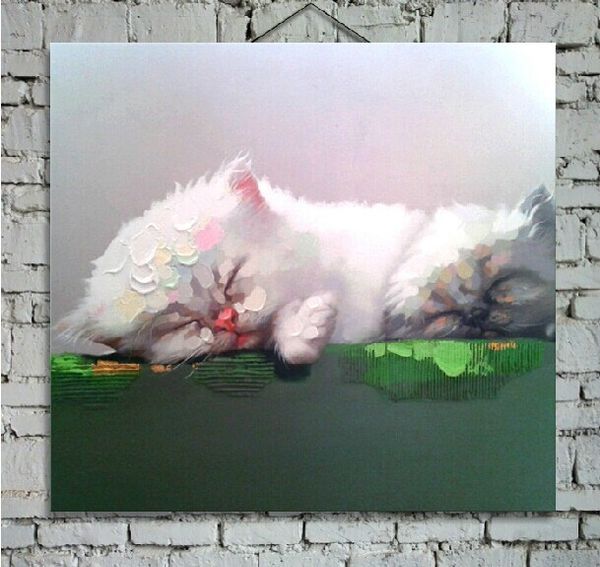 Dipinto a mano Cute Sleeping Cat Picture Wall Art su tela Decor Poster Animal Pittura a olio per la parete di casa in soggiorno o camera da letto