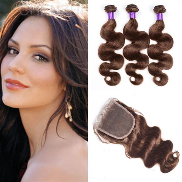 Medium Brown Color 4 Body Wave Hair Bundles With Lace Closure
