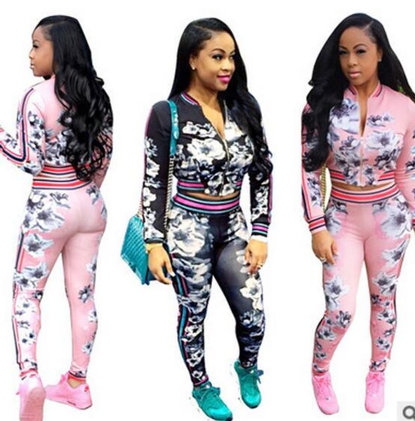

2017 spring new two - piece suits women clothes sets tracksuits Two-color strip Digital flowers Printing suit Outdoor jogging suit sportswea