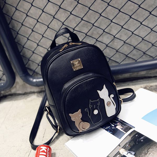 

wholesale- new cat backpack black preppy style school backpacks funny quality pu leather fashion women shoulder bag travel back pack sac
