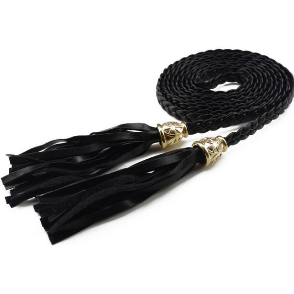 

wholesale- women belt leather tassel thin belt knitted braided rope waistband cummerbund for dress shorts jeans skirt apparel, Black;brown