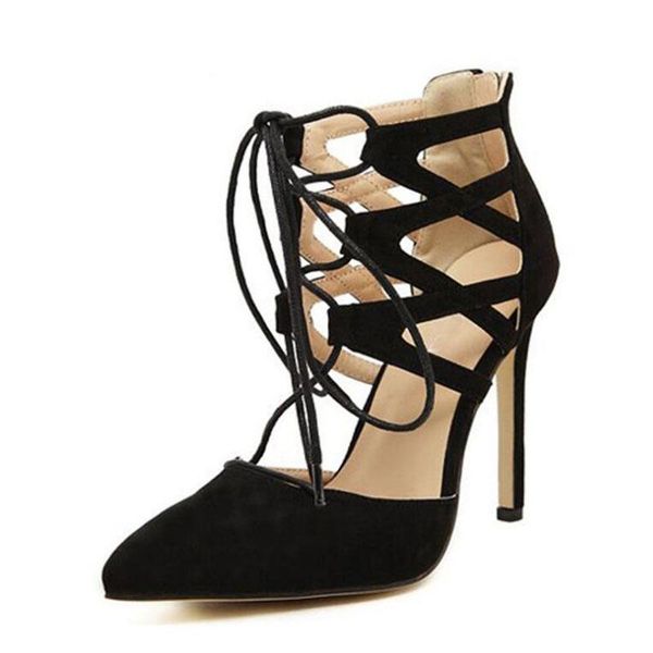 

2017 new style women pumps hollow cross lacing roman high-heeled shoes ladies stiletto pointed toe woman shoes 11 cm height heel, Black