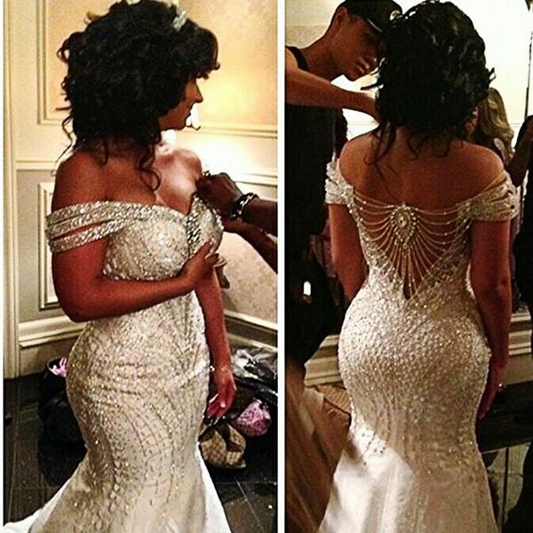 

major beading off the shoulder wedding dresses backless sequin bridal gowns sweep train mermaid wedding gowns custom made bridal vestidos, White