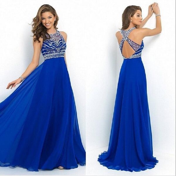 

New Elegant Women Dress Bandage Chiffon Blue Party Dress Hot Sel Backless Halter Beaded Long Evening Dress