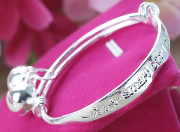 

2pcs/pair s925 silver white copper english letter smart baby childrend's bracelet bangle bells baby bracelet bangle jewelry, Black