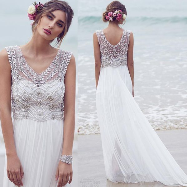 Discount Anna Campbell Bohemian Beach Wedding Dresses Designer 2017 V Neck Crystals Beaded Cheap Plus Size Maternity Boho Country Bridal Gowns Bride