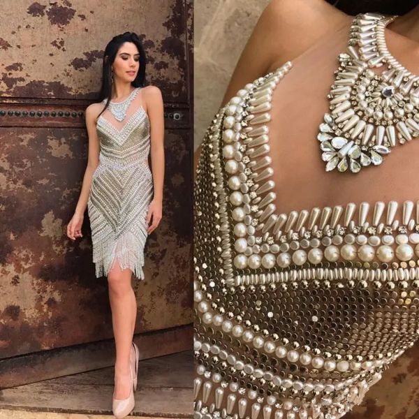 

beads pearls sequined evening dresses diamond jewel neck sleeveless luxury tassel new arrival knee length party dress sheath pageant gowns, Black;red