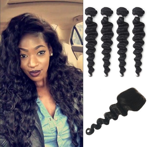 Brazilian Loose Wave Virgin Human Hair Bundles With Closure
