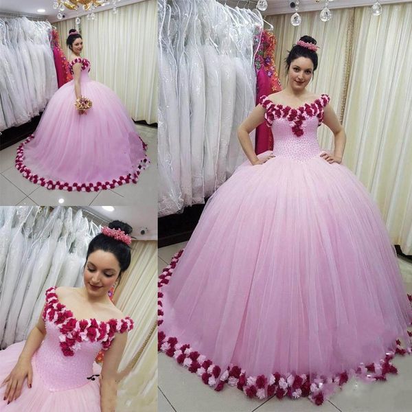 Elegant Pink Tulle Ball Gown Quinceanera Dresses Handmde Flower