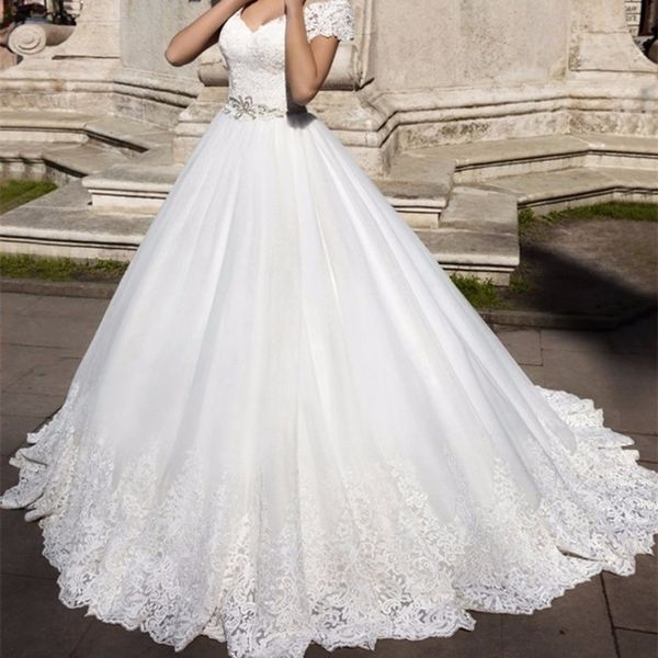 

elegant short sleeve v-neck ball gown appliques belt lace white wedding gowns casamento applique lace bridal gowns