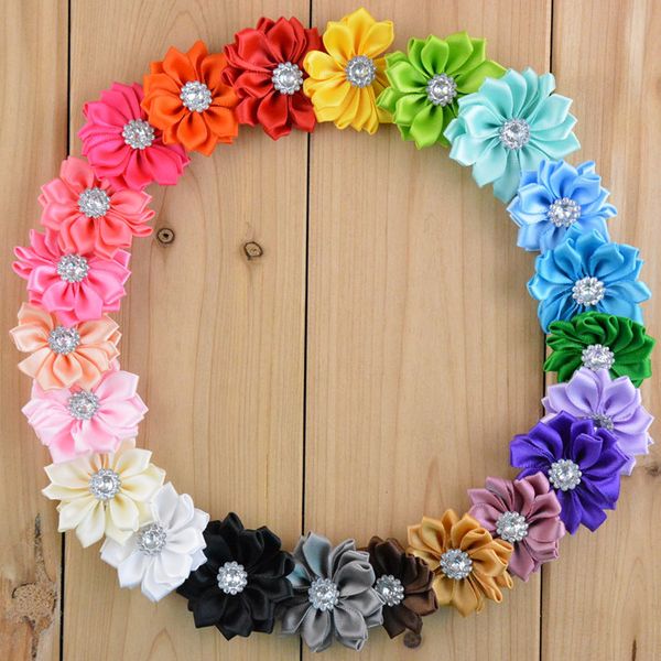 

mini satin ribbon fabric flower for headbands diy polyester flowers rhinestone pearl in center baby girl hair accessory 110pcslot7713110, Slivery;white