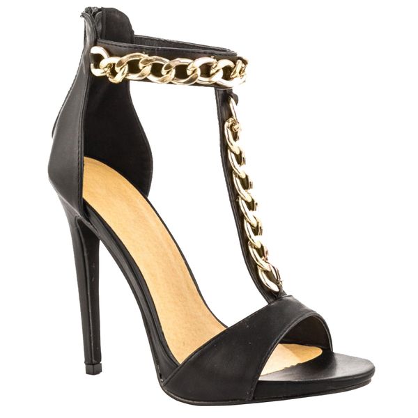 

kolnoo womens fashion high heel t-strap shoes gold chains deco party summer spring sandals black xd290