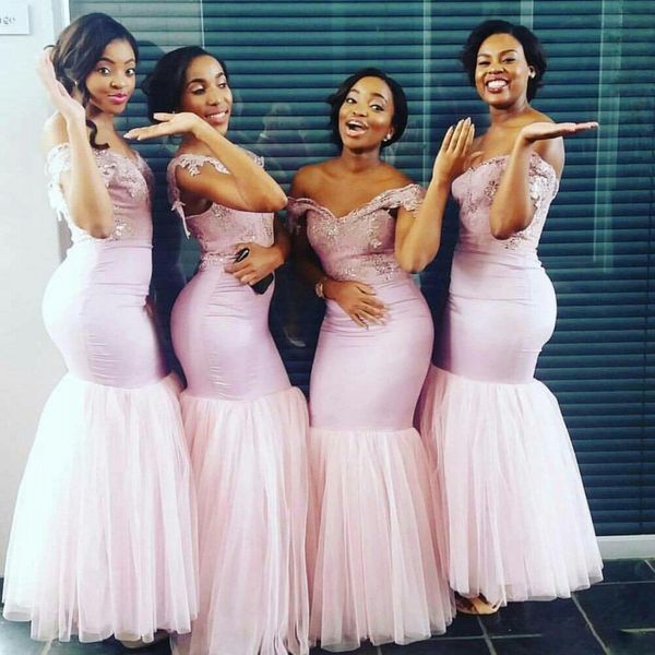 

south african light pink mermaid bridesmaid dresses off shoulder lace appliques maid of honor gowns wedding guest formal party dress, White;pink