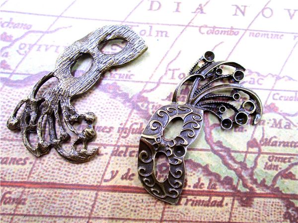 

18pcs--mask charms, antique bronze large halloween face mask charm pendants 52x29mm, Bronze;silver