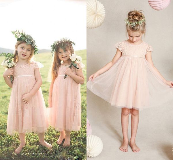 

little pink toddler flower girls dresses for weddings short sleeve lace kids formal wear tea length vintage girl' pageant gowns, White;blue
