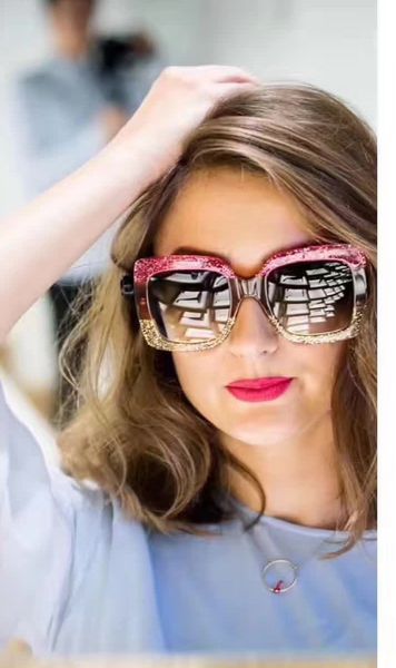 

women fuchsia glitter plastic square sunglasses brown gradient len 0083 fashion brand oversize sunglasses eyewear new with box, White;black