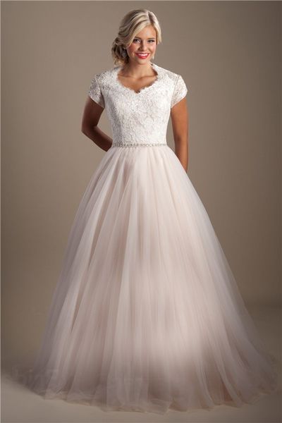 

champagne lace tulle ball gown modest wedding dresses cap sleeves beaded princess vintage church bridal gowns high neck price, White