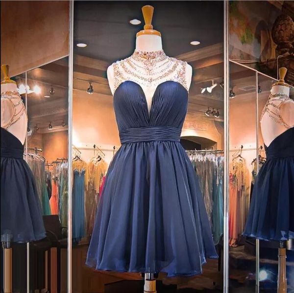 

little short dark navy crystal homecoming dresses 2017 high neck a line chiffon open back beaded short cocktail formal party wear, Blue;pink