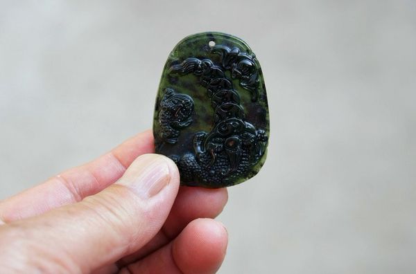 

handmade carved natural, dark green, antique jade pendant. a lucky pendant of the oval money bat toad., Silver