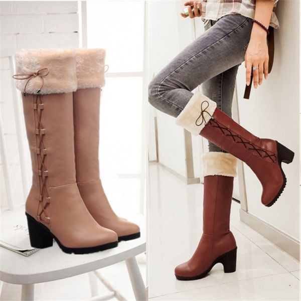 

wholesale-winter women boots snow boots fur shoes ladies knee high boots bowtie chunky high heels black brown large size 11 12 42 43 ab80