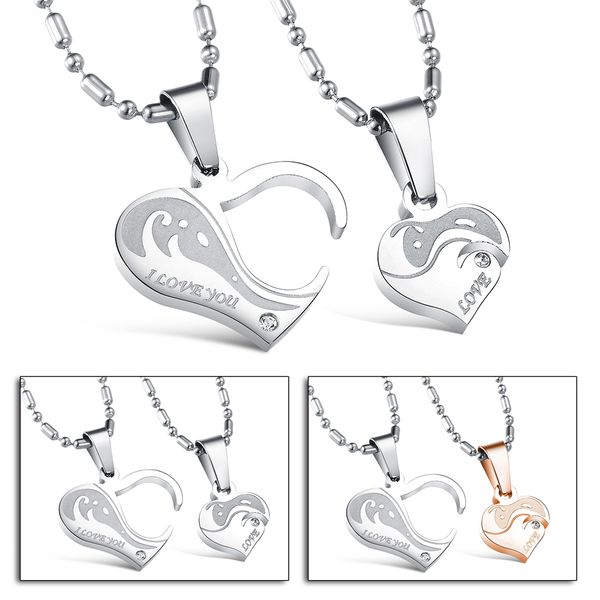 

new stainless steel cz couples pendants necklaces charm heart shaped lock key crystal pendant chain necklace xmas romantic gift for lovers, Silver