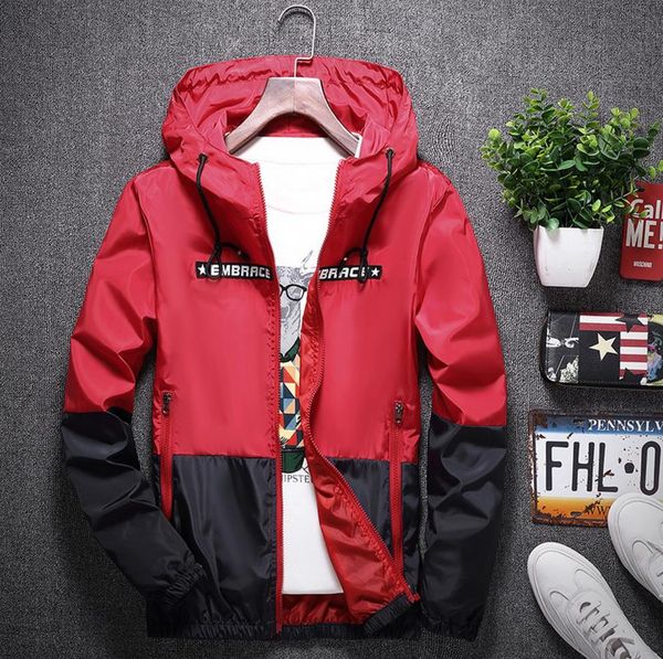 

jacket ribbon print for man patchwork letter matching color long sleeve hooded pockets windproof waterproof mens sports jakctes ship, Black;brown