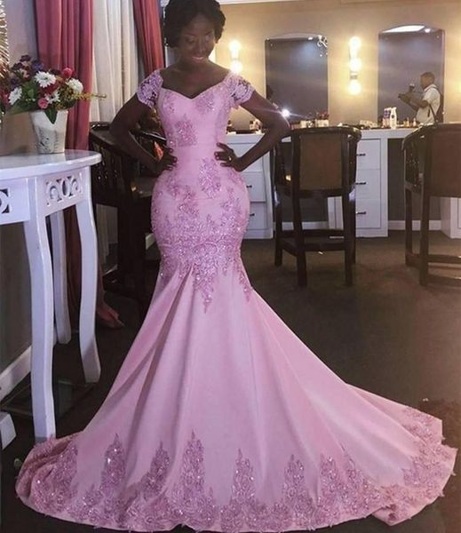 

vintage pink off the shoulder prom dresses 2020 short sleeve lace appliqued sequins mermaid evening gowns arabic long sweep train, Black