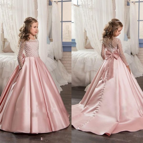 

довольно длинные рукава розовые девушки pageant платья с бантом узел атласные бисером бальное платье длиной до пола платья девушки цветка, White;red