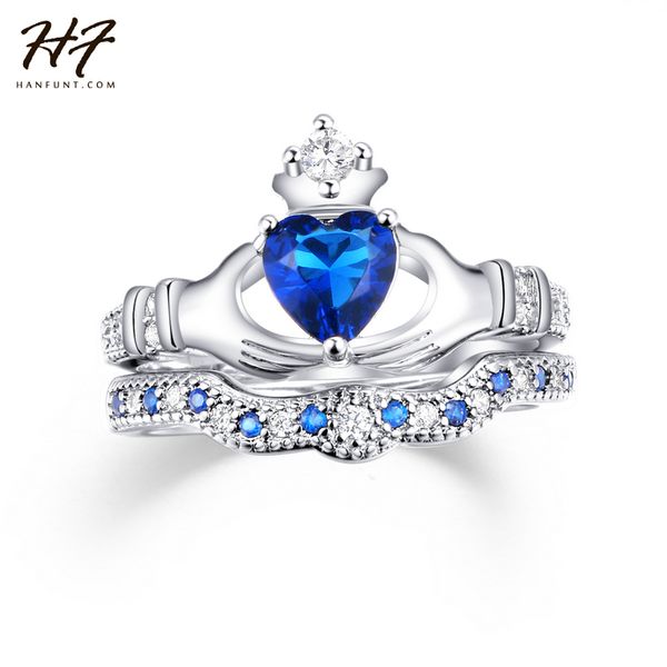 

оптовая-изысканный дизайн любовь корона рука сердце clah-duh claddagh кольцо комплект щепка цвет синий cz кристалл кольца для женщин r616, Golden;silver