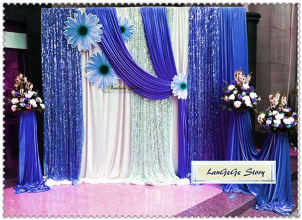 Hot Sale White Ice Silk Wedding Back Curtains With Royal Blue