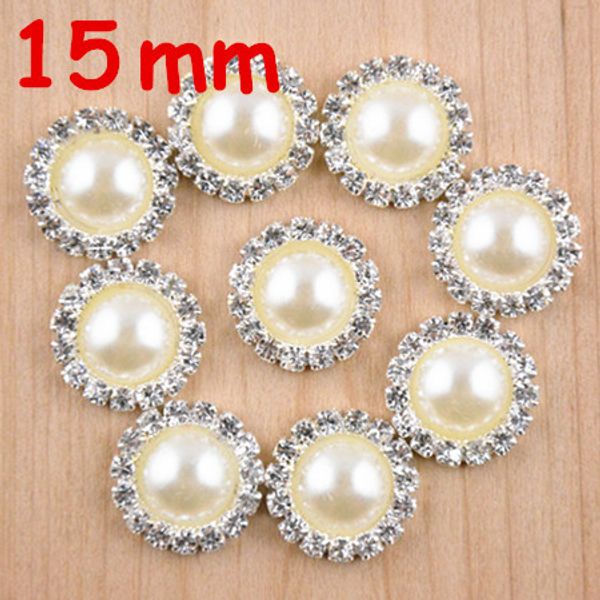 

wholesale 60pcs/lot 15mm flat back round rhinestone peal button for hair flower headband accessories pj02