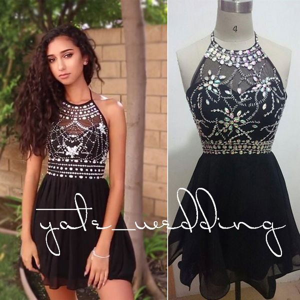 

black chiffon halter backless homecoming dresses crystal beaded summer short prom dresses sleeveless 2018 party dresses, Blue;pink