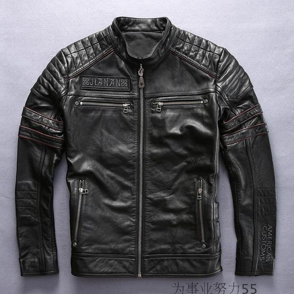 

2017 jianan motorcycle leather jackets vintage american customs skull head print stand collar 100% genuine leather jackets, Black