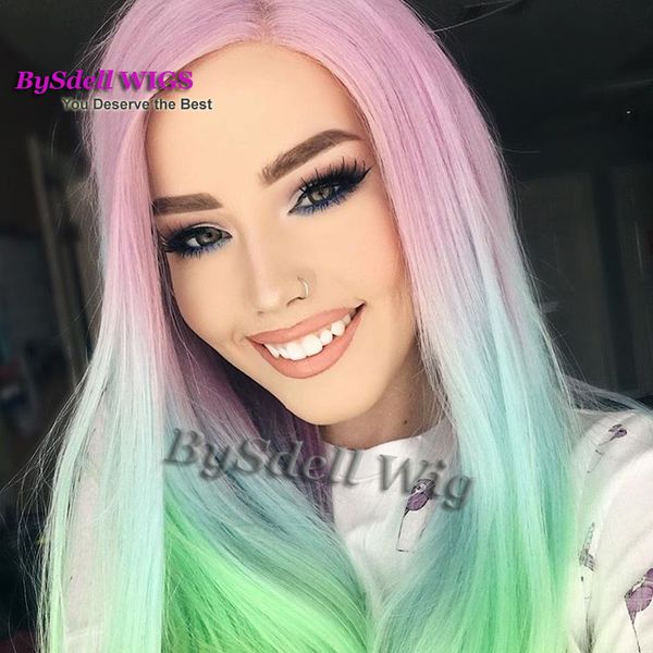 Attractive Colorful Pink Ombre Green Yellow Rainbow Color Hair Wig