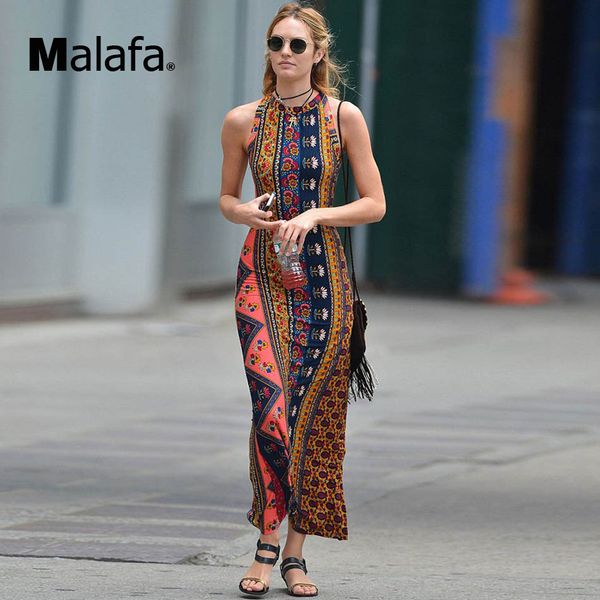 Wholesale- Women Backless Bodycon Floral Print Retro Dress Sexy Summer african dresses for women Sheath Long Maxi Dress Ukraine Vestidos