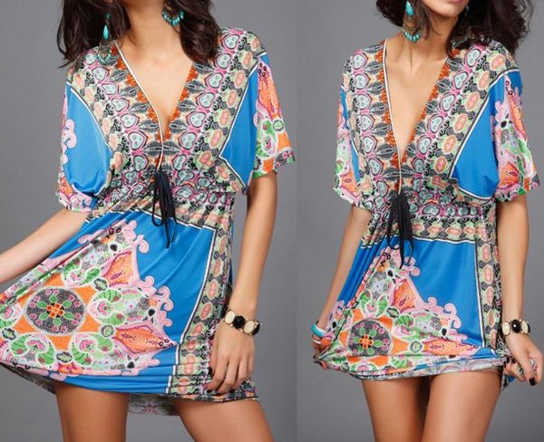 Mulheres Moda, mais vestidos do tamanho V-neck vestido de seda gelo leite saia sexy Boho imprimir vestidos tribal verão cintura solta étnico Praia Vestidos