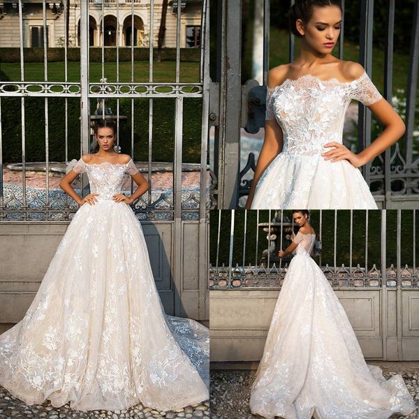 

2017 new elegant off the shoulder short sleeves a line wedding dresses vintage lace appliques covered button back wedding bridal gowns, White