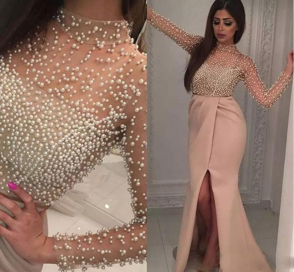 

split slit evening dresses with long sleeve pearls illusion neck middle east arabic yousef aljasmi evening party dress mermaid evening gowns, Black;red
